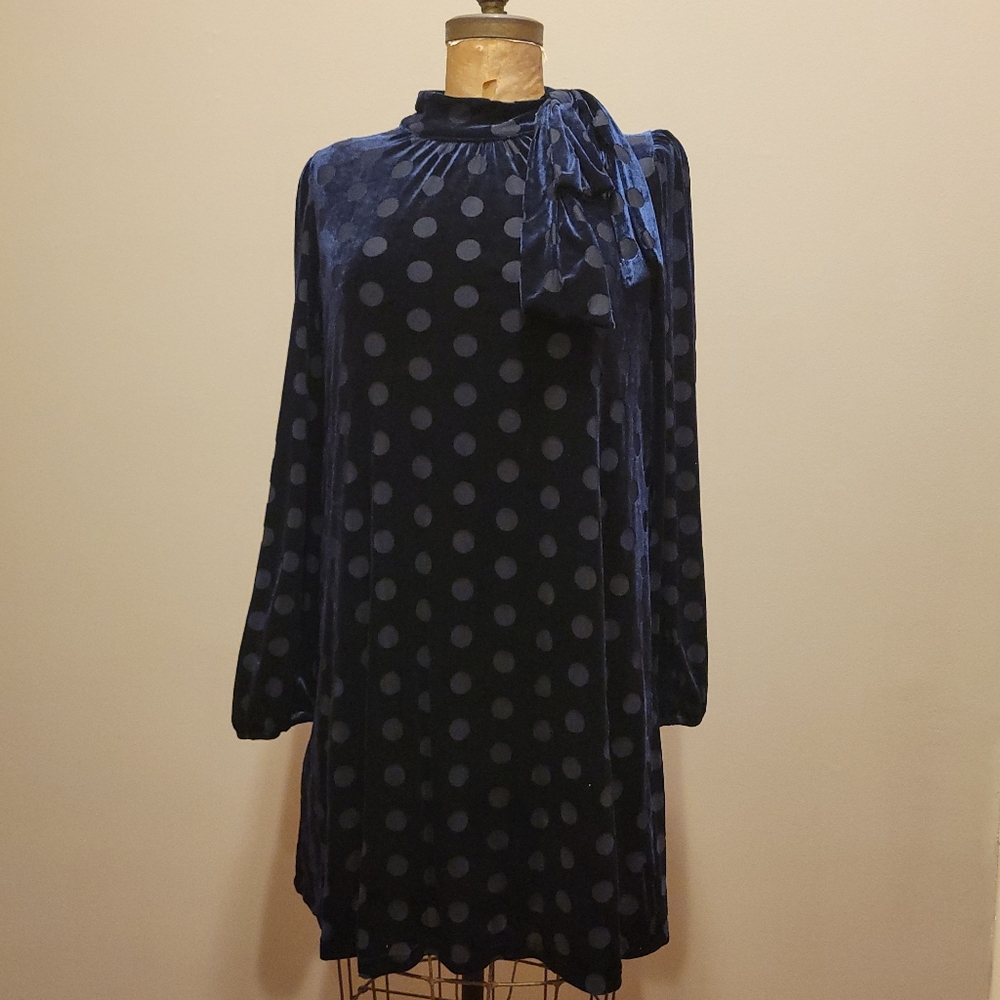 Calvin Klein Burnout Velvet Polka Dot Shift Dress Navy Blue Size 14